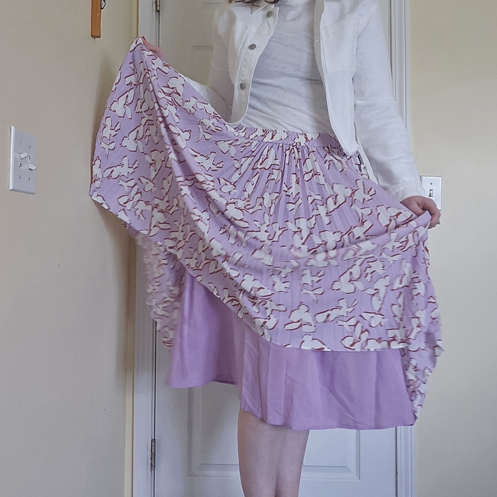 Halogen Pleated Purple Floral Midi Skirt Large Pull On Waistband NEW - Picture 4 of 5